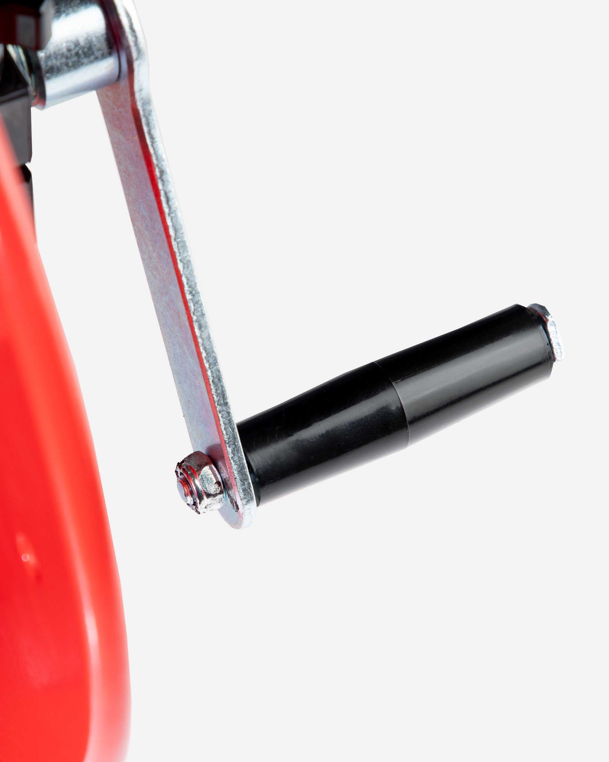 Close-up of the handle and winding mechanism of Adam's 100' Premium Hose Reel, highlighting the sturdy metal construction and black grip.