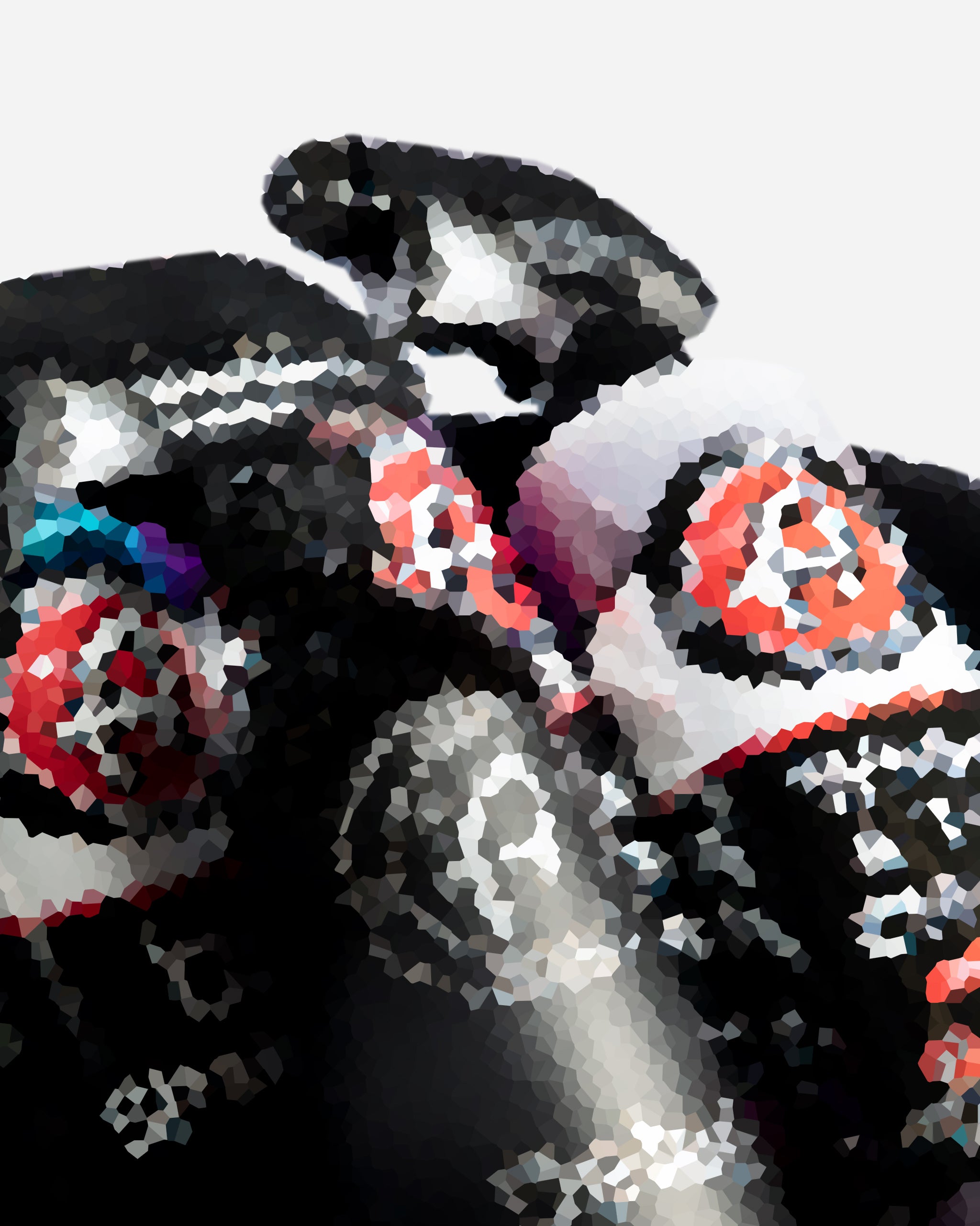Alt text: Abstract, pixelated image of a black bucket filled with various car care products, featuring prominently colored items, suitable for illustration purposes.