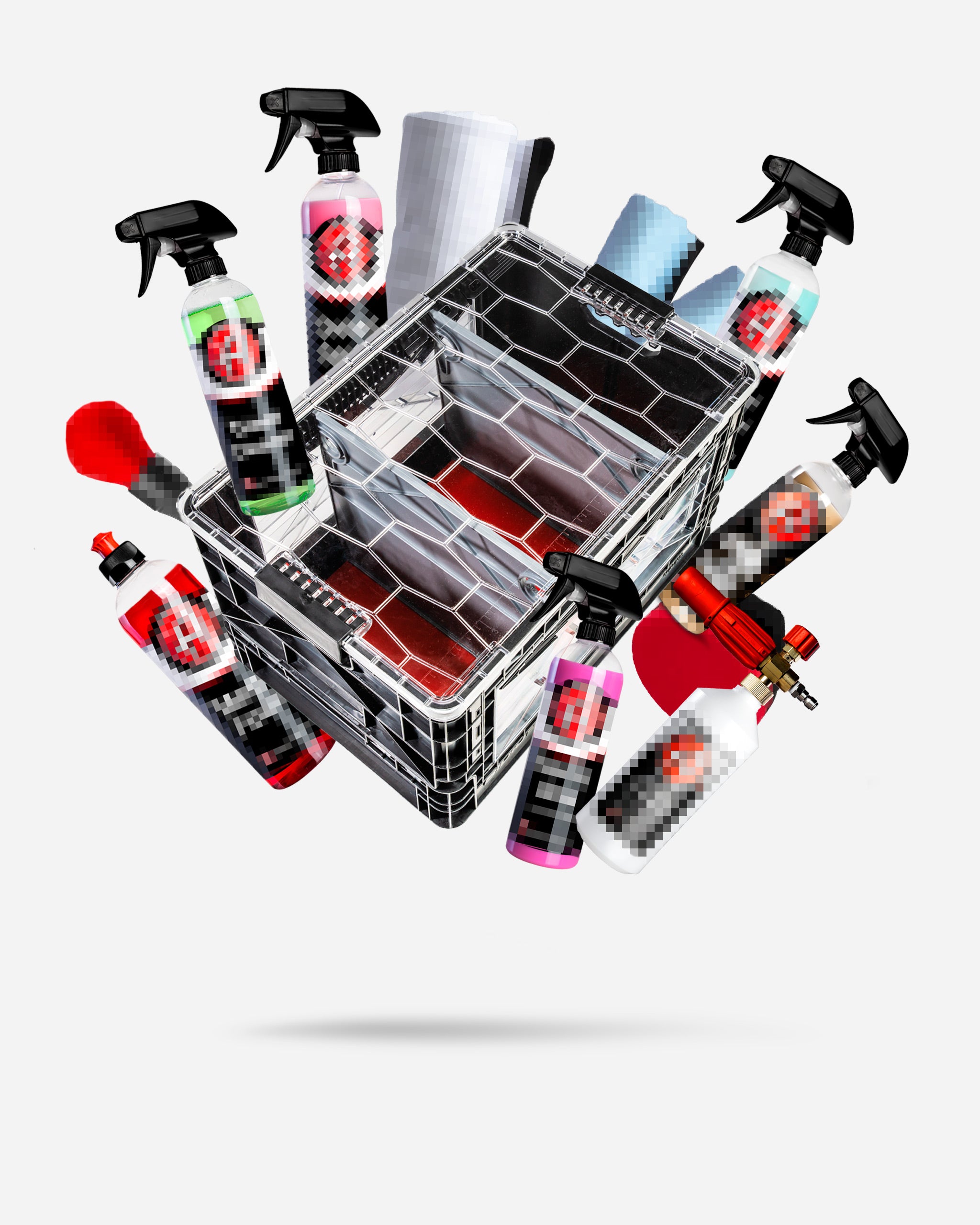 Alt text: Adam's Mystery Collapsible SidioCrate Pack priced at $99.99, featuring a transparent collapsible crate filled with a variety of car care products including spray bottles with pixelated labels. The crate is surrounded by additional assorted cleaning