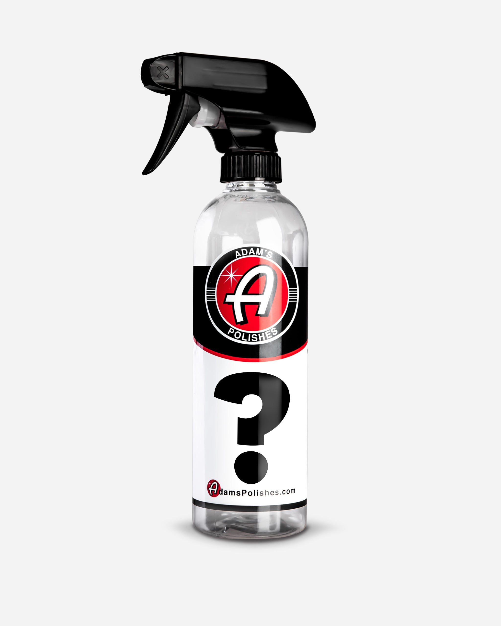 Alt text: "Adam's $5 Mystery Chemical in a clear spray bottle with a black trigger, featuring a large question mark and the Adam's Polishes logo."