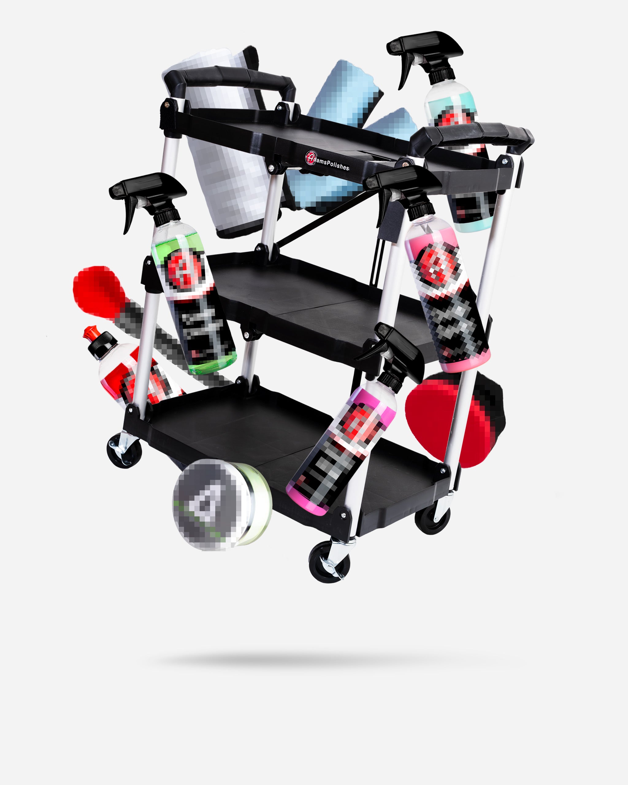 Alt text: "Adam's foldable garage cart mystery box priced at $129.99, featuring a black, multi-tiered cart equipped with wheels and various car care products including sprays and cleaning cloths displayed on the shelves, partially pixelated
