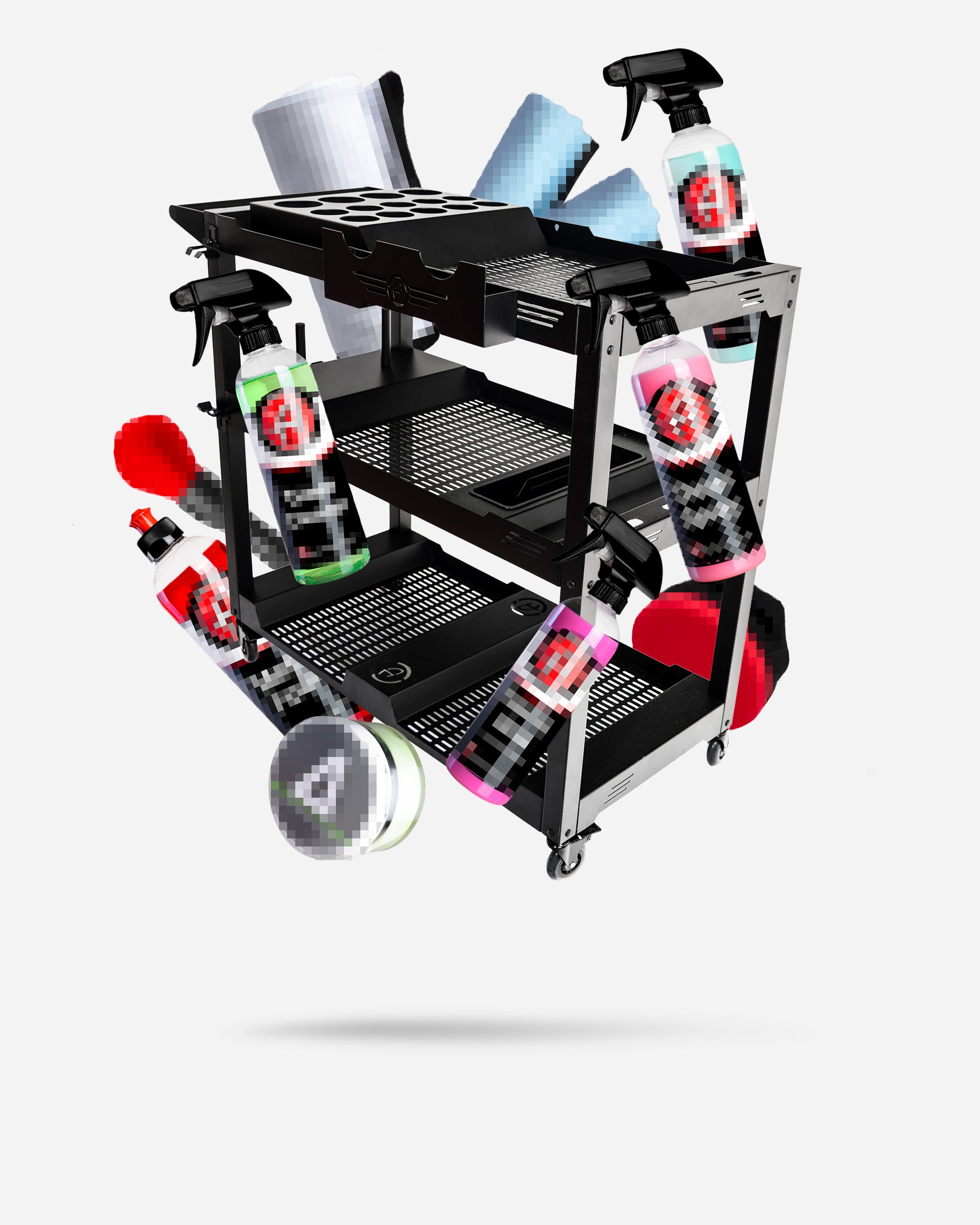 Alt text: "Adam's Mystery Pro Detailing Cart priced at $599.99, featuring a multi-level black storage cart with integrated holders for detailing tools, equipped with various car care products, brushes, and microfiber towels on a white background."
