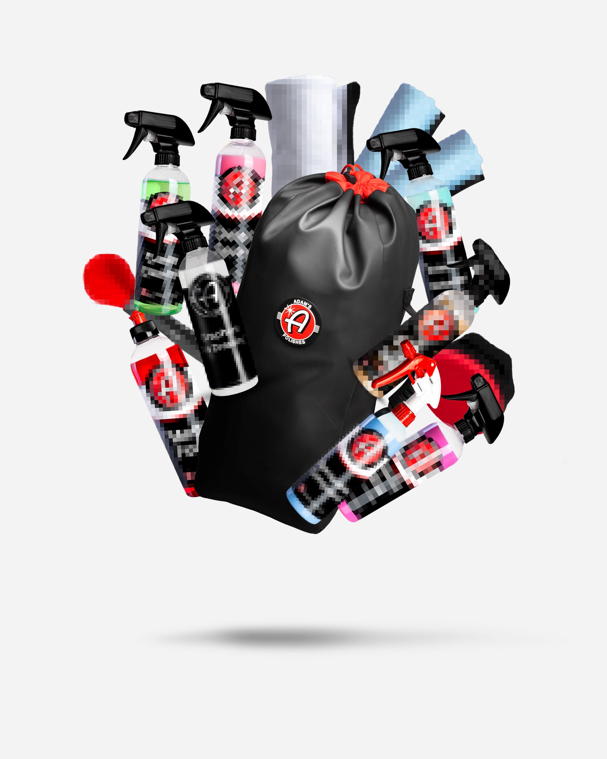 Alt text: An array of car care products including spray bottles, microfiber cloths, and detailing supplies partially emerging from a black drawstring bag with a red drawstring and an "Adam’s Polishes" logo on the front, against a gradient
