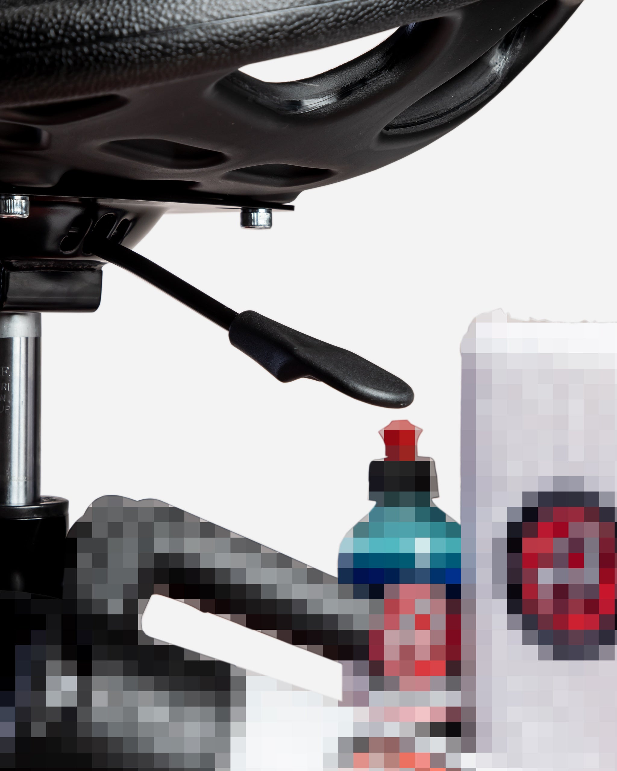 Alt text: Close-up of Adam's Mystery Detailing Stool priced at $119.99, featuring a black perforated seat, adjustable metallic pole, and lever for height adjustment. Background items are partially visible and blurred, emphasizing the stool.