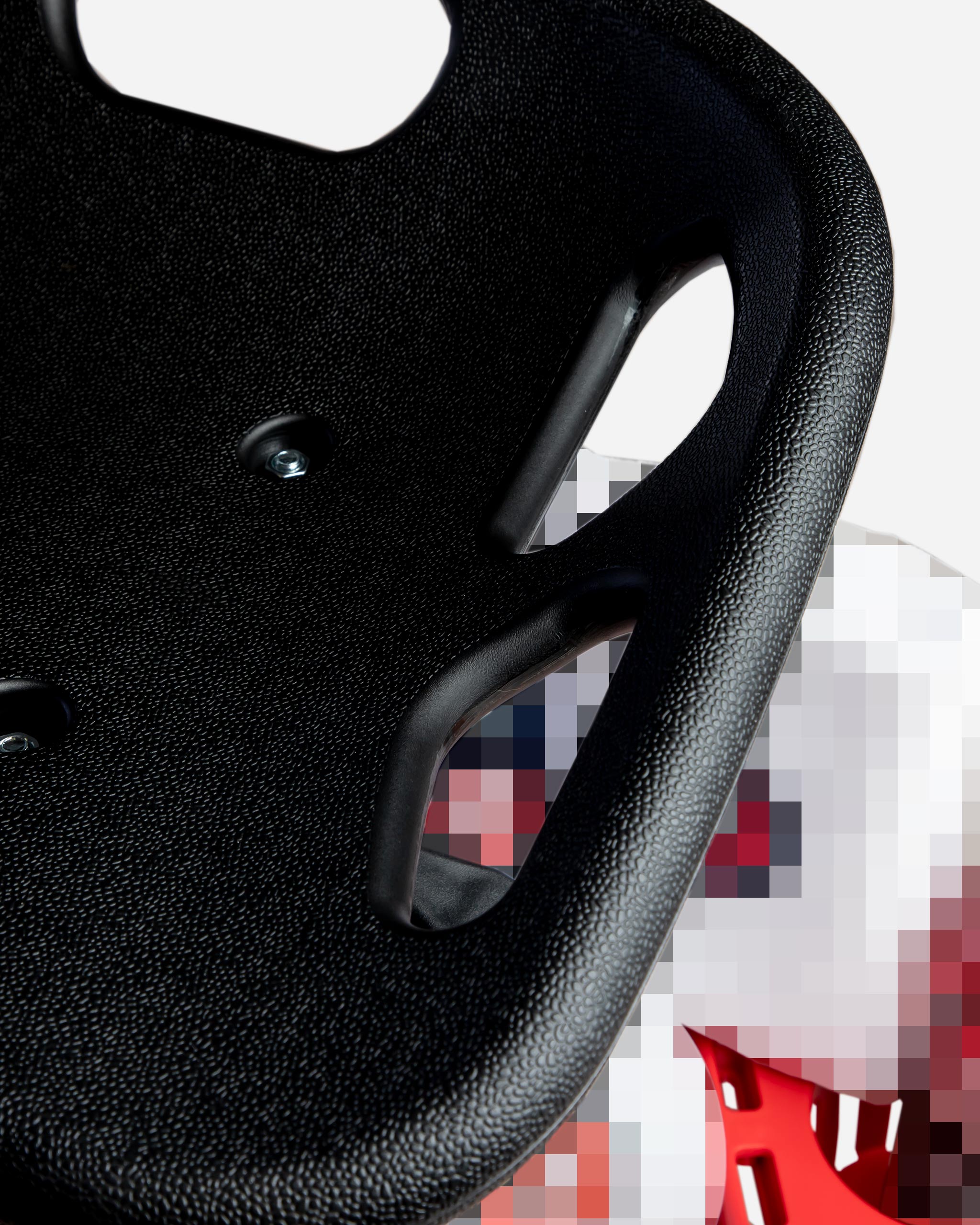 Close-up view of Adam's Mystery Detailing Stool priced at $119.99, showing the textured black seat with built-in handles and partial view of a red base.