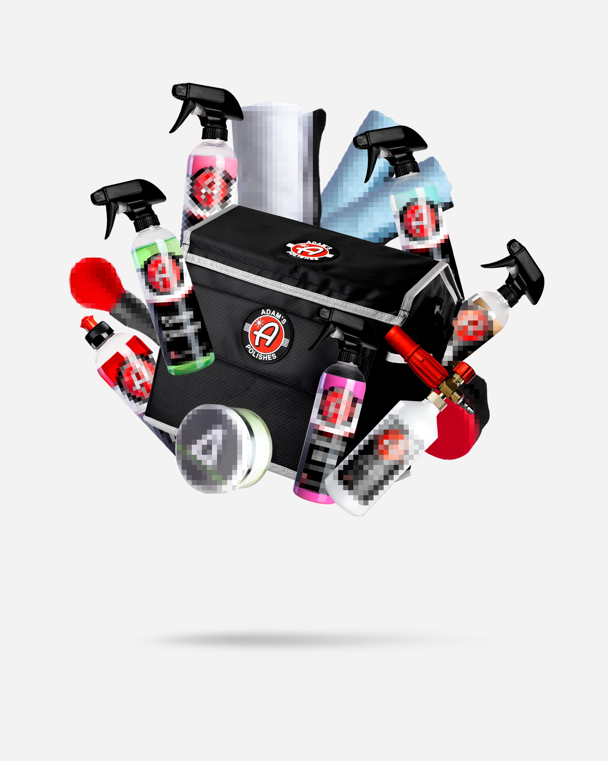 Alt text: "Adam's Mystery Trunk Organizer for $99.99, featuring a black organizing bag with the brand's logo, surrounded by various car care products including spray bottles and cleaning cloths, all displayed against a white background."