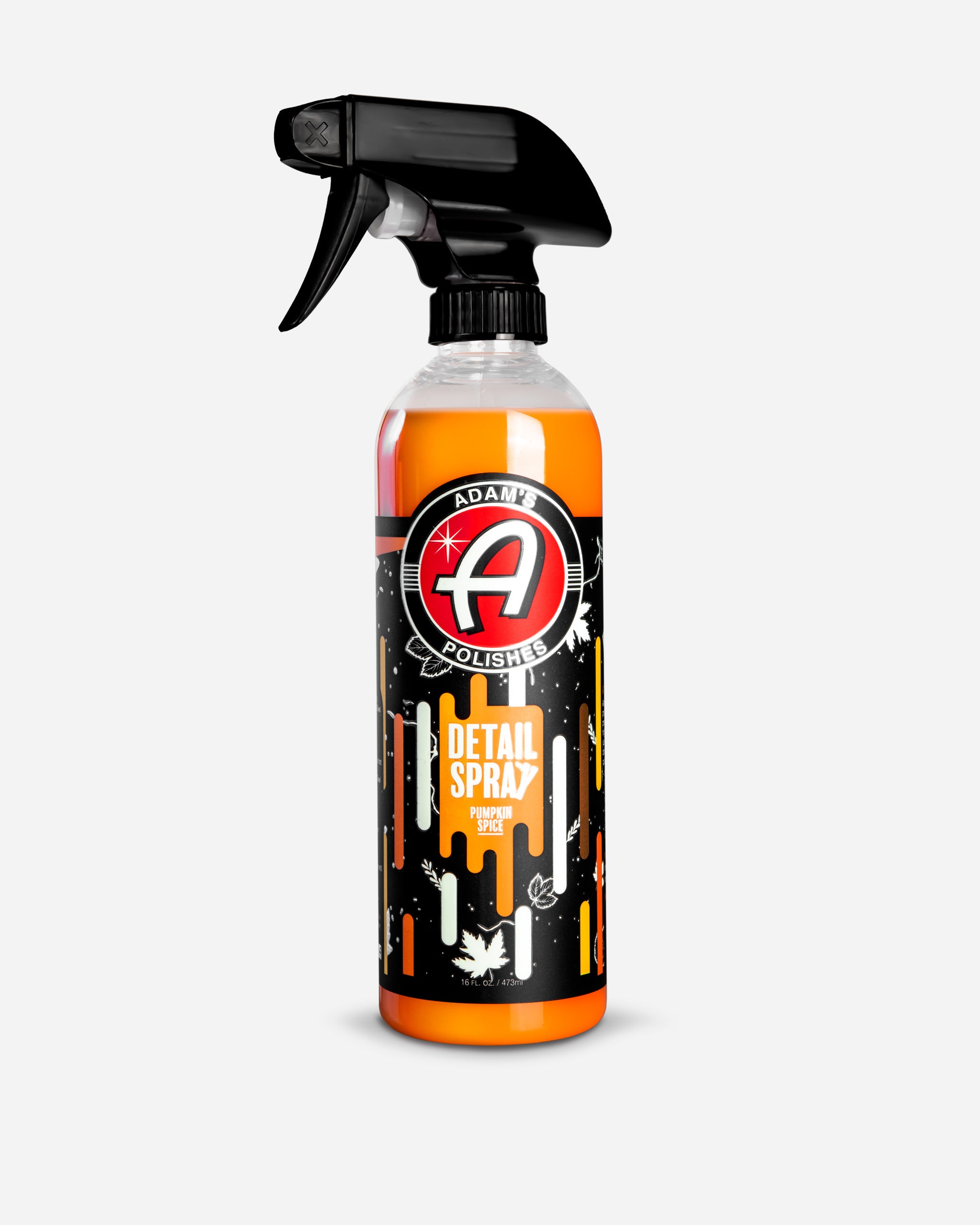 Alt text: "Adam's Polishes Detail Spray in a spray bottle with a black trigger. The label features the logo and mentions 'Pumpkin Spice' in bold orange and white colors against a black background with festive design elements."