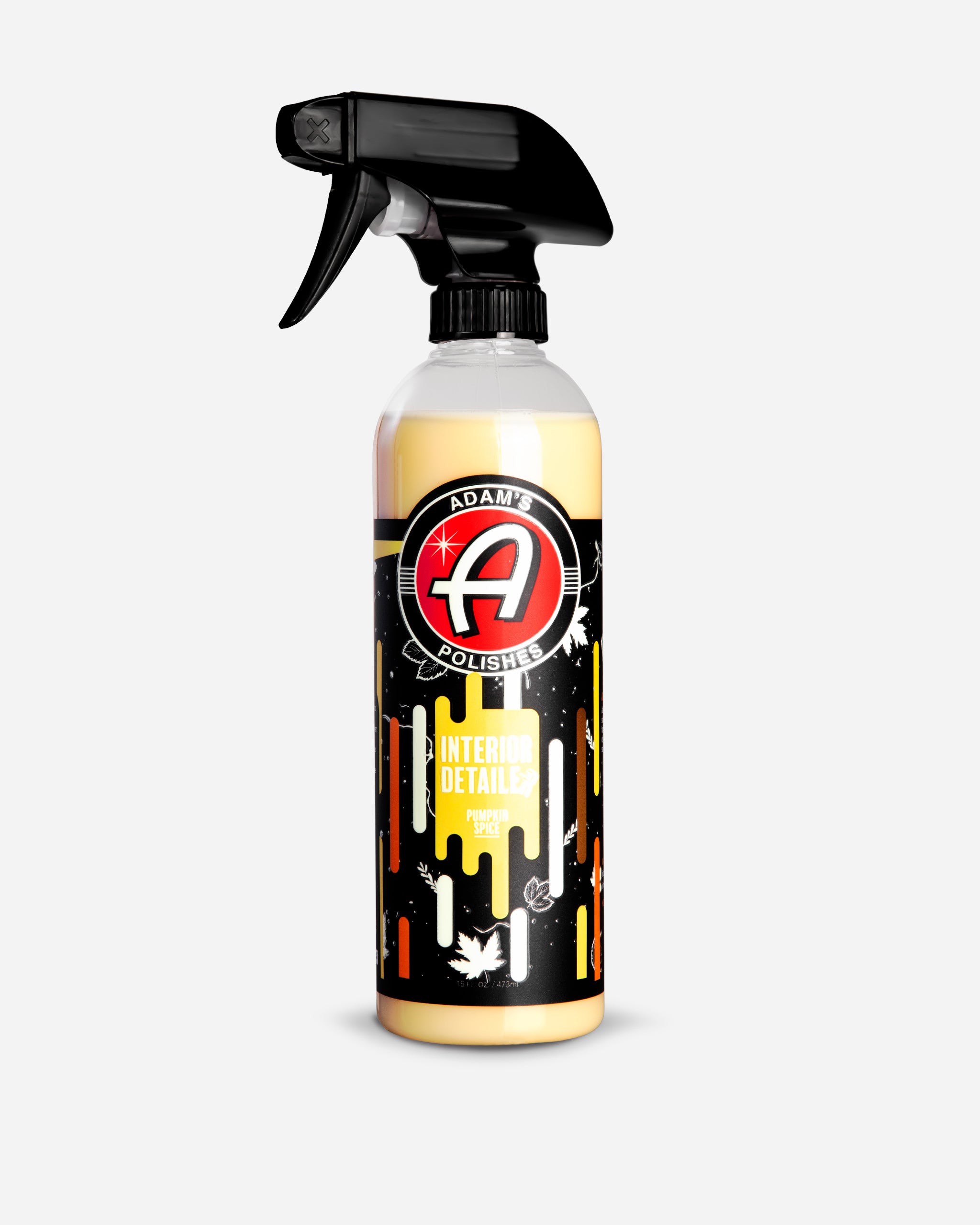 Alt text: "Adam's Polishes $5 Mystery Chemical spray bottle with a black trigger sprayer, featuring vibrant label design with dripping patterns and 'Interior Detailer Pumpkin Spice' text."